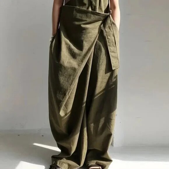 Olive Military Green One Shoulder Oversized Buckle Wide Leg Pants Jumpsuit - Picture 3 of 3